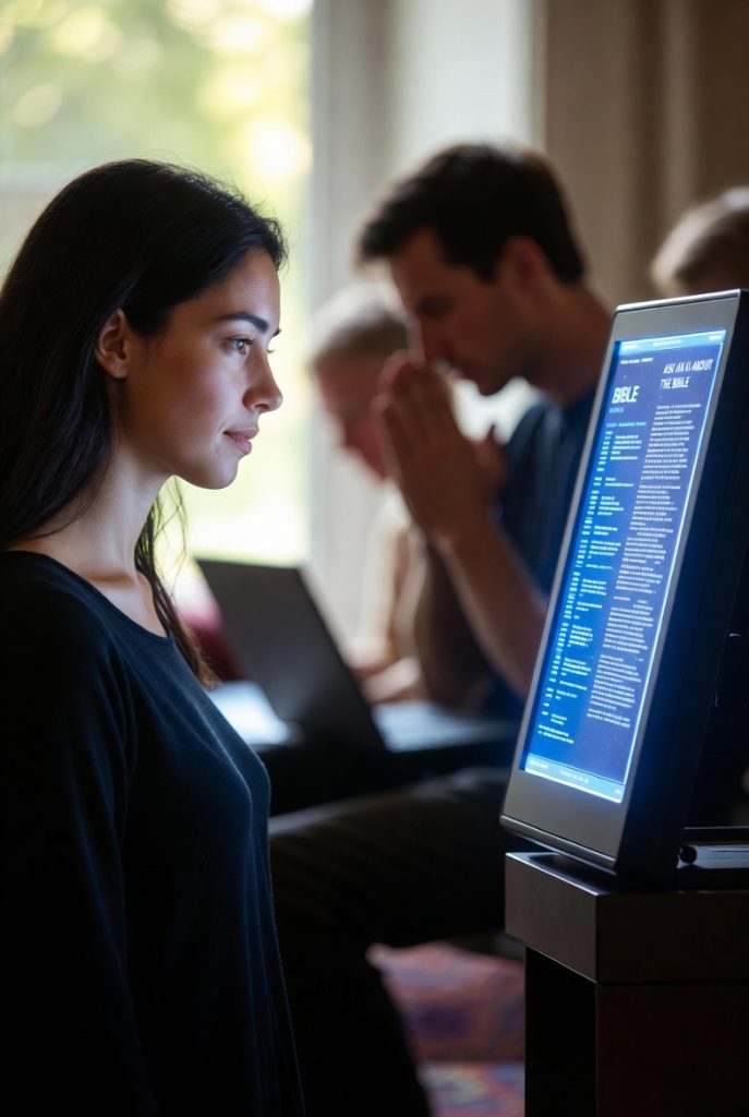 A young women studying the Word online as she prepares to ask a question of snichin's online Bible assistant. 