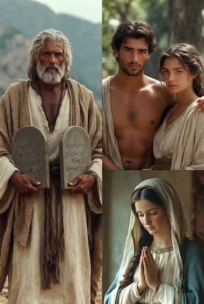 A collage of images showing Bible characters who the individual on the site may be like in the walk with God. Giving the Bible assistant the ability to give user to connect with Bible stories and how God used people in His plan.