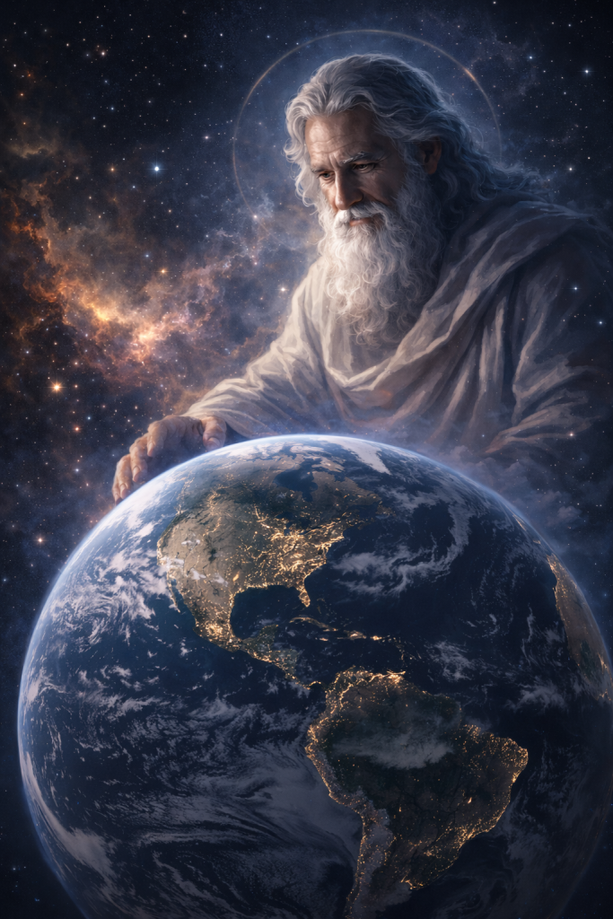 From a perspective from space seeing God overlook His earth creation. As he ponders His redemption plan.