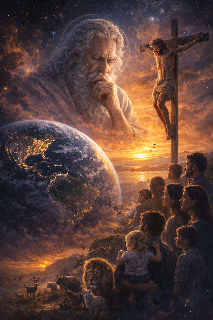 God seeing His plan of redemption play out as His Son is on the cross. His creation watching as the plan unfolds.