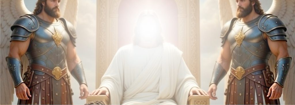 You see Jesus on the thrown in Heaven flanked by His angelic host. While a believer kneeling before Him lays his crown at the Lords feet i gratitude.