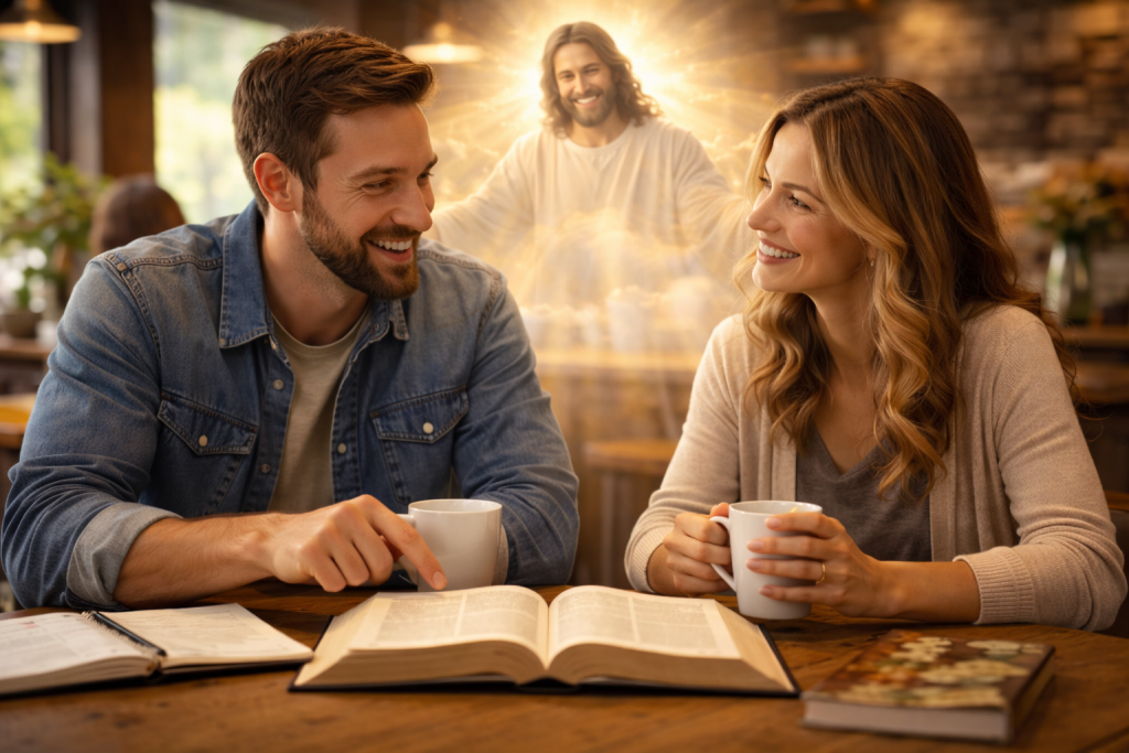 A married couple who worship God as part of their walk together, studying together as they   have Him in their hearts and mind.