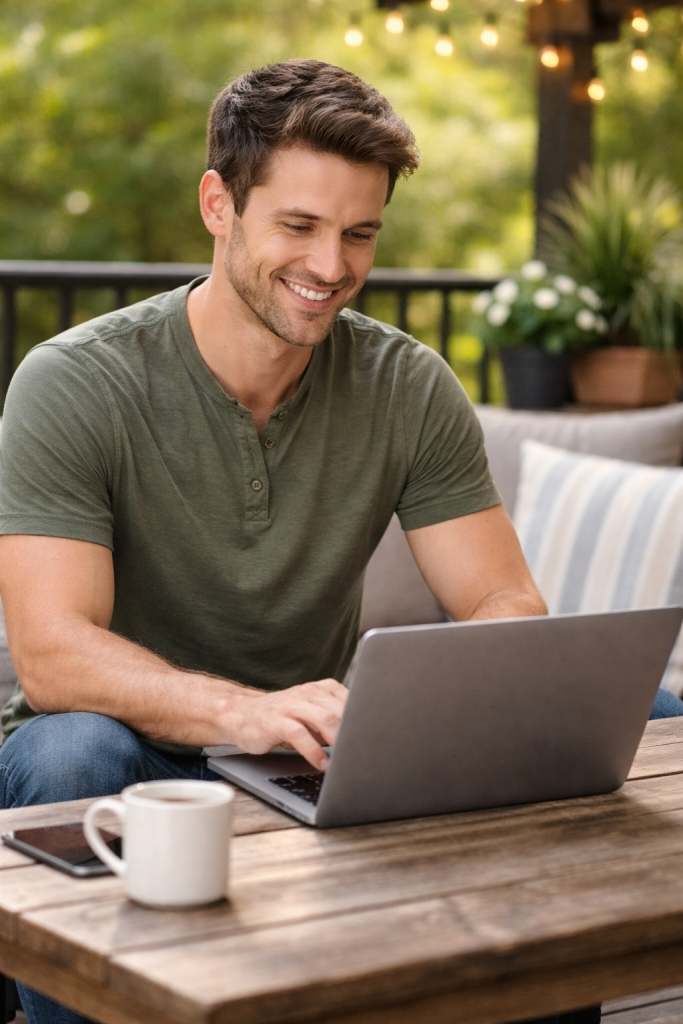 A young man sitting in a yard looking at his laptop while using snichin to give his testimony.