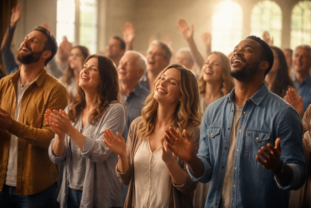 A group of believers who are raising their hands in worship praising God.